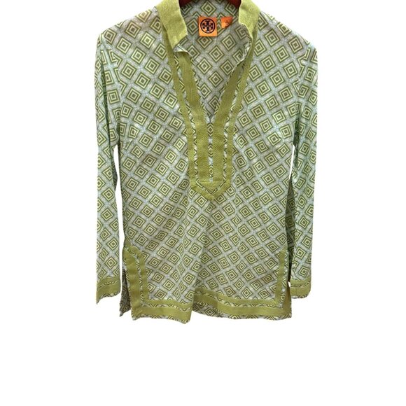Tory Burch Green Geometric Long Sleeve Tunic Sz 10 side zipper - Picture 1 of 6